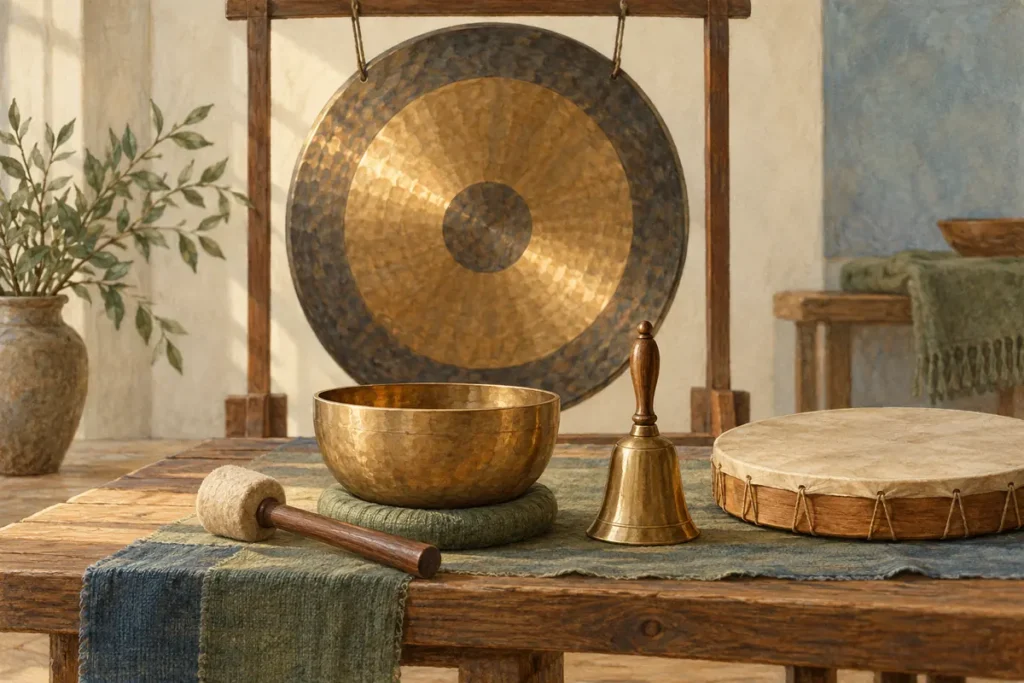 Gong on a stand with a metal singing bowl mallet handbell and frame drum arranged nearby