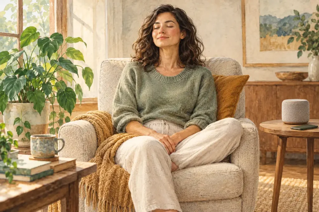 Adult listening from an armchair at home with a small speaker on a nearby table