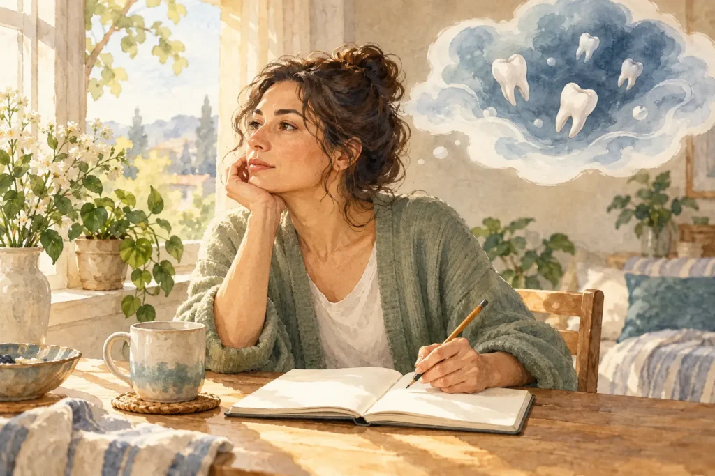 Adult reflecting in an open notebook beside a window after waking from a dream.