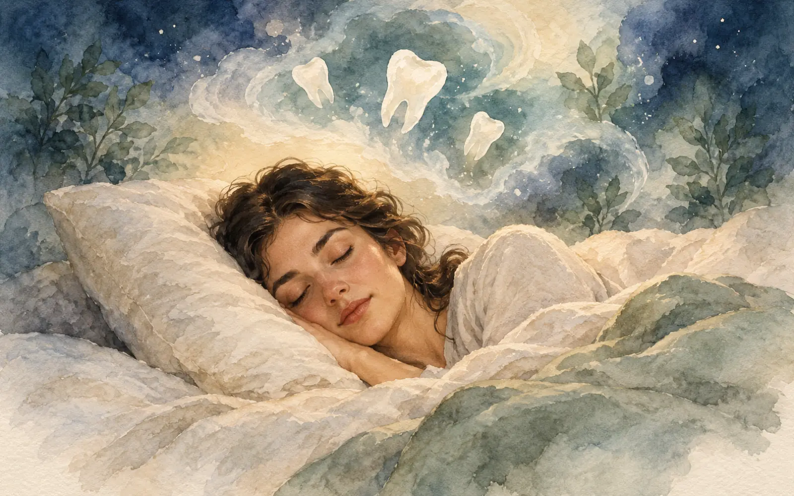 Watercolor illustration of a sleeping adult with small tooth shapes fading into a soft dream cloud.