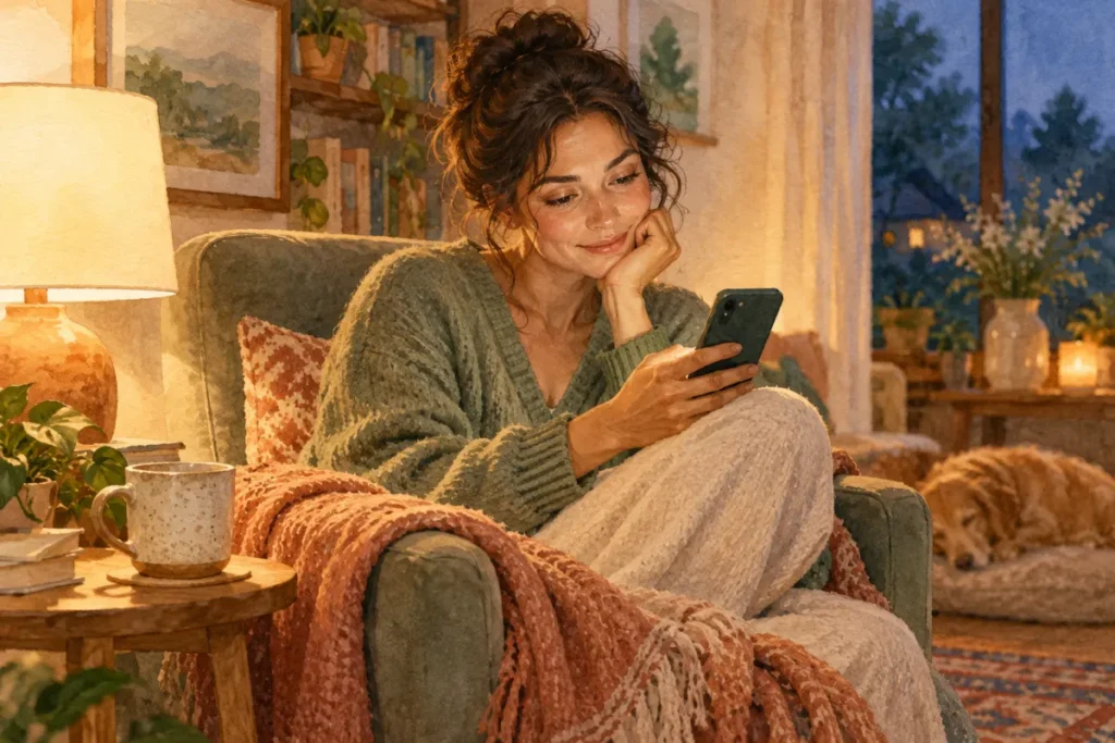 An adult sitting in an armchair and thoughtfully holding a phone during a quiet evening at home.