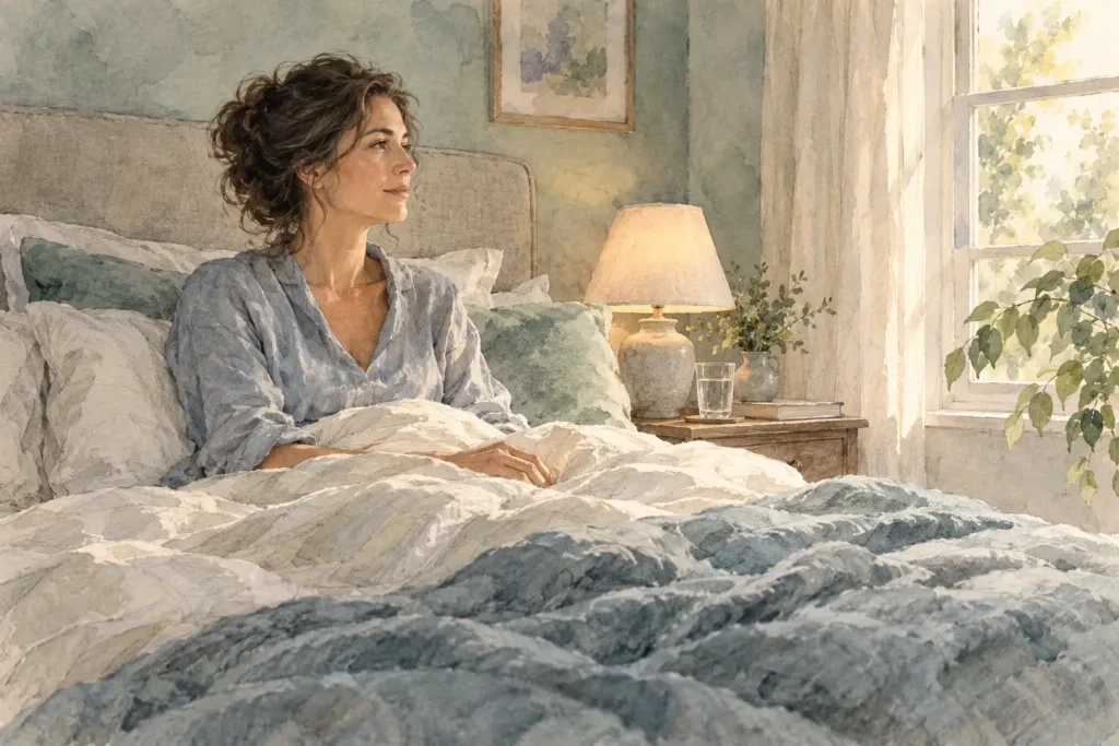 Watercolor illustration of an adult sitting awake in bed and looking toward a softly lit window.