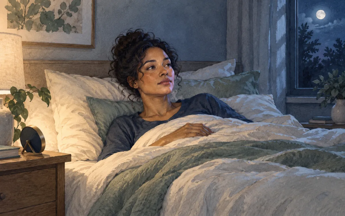 An adult resting awake in bed in a softly lit bedroom at night.